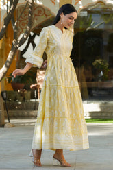 Women's Lemon Yellow Printed Teired Dress